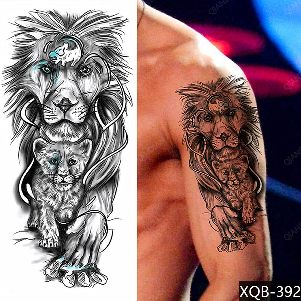 1pc Lion Men Waterproof Temporary Tattoos Fake Stickers Arm Hand Cool Art Black Transfer Clock