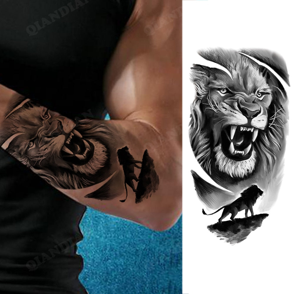 1pc Lion Men Waterproof Temporary Tattoos Fake Stickers Arm Hand Cool Art Black Transfer Clock