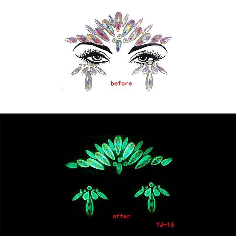 Halloween Face Decoration Tattoo Crystal Diamond Eyebrow Luminous Rhinestone Sticker Masquerade Bar Party Glowing Face Sticker