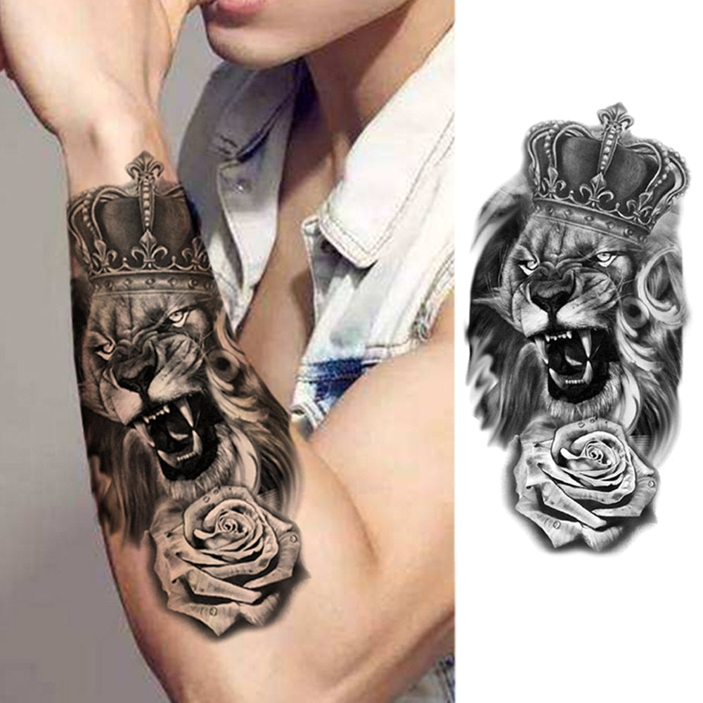 1pc Lion Men Waterproof Temporary Tattoos Fake Stickers Arm Hand Cool Art Black Transfer Clock