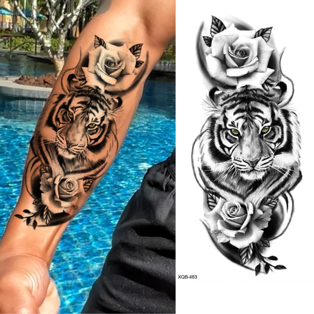 1pc Lion Men Waterproof Temporary Tattoos Fake Stickers Arm Hand Cool Art Black Transfer Clock