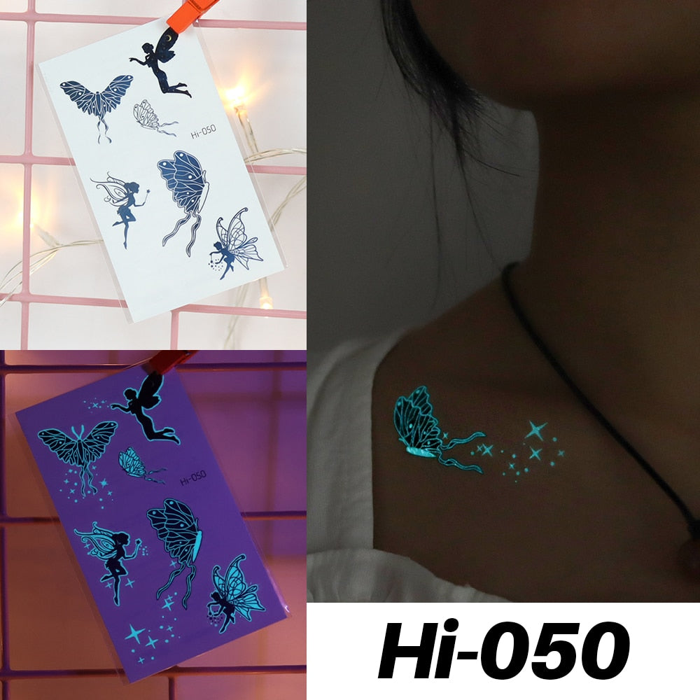 Blue Luminous Tattoo Sticker Luminous Star Feather Waterproof Sexy Temporary Tattoo Body Art Chest Fake Tattoo For Men Women