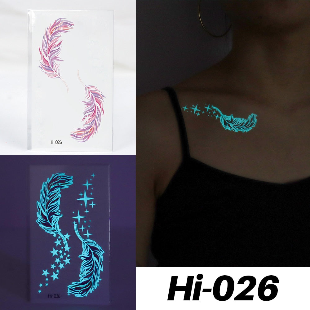 Blue Luminous Tattoo Sticker Luminous Star Feather Waterproof Sexy Temporary Tattoo Body Art Chest Fake Tattoo For Men Women