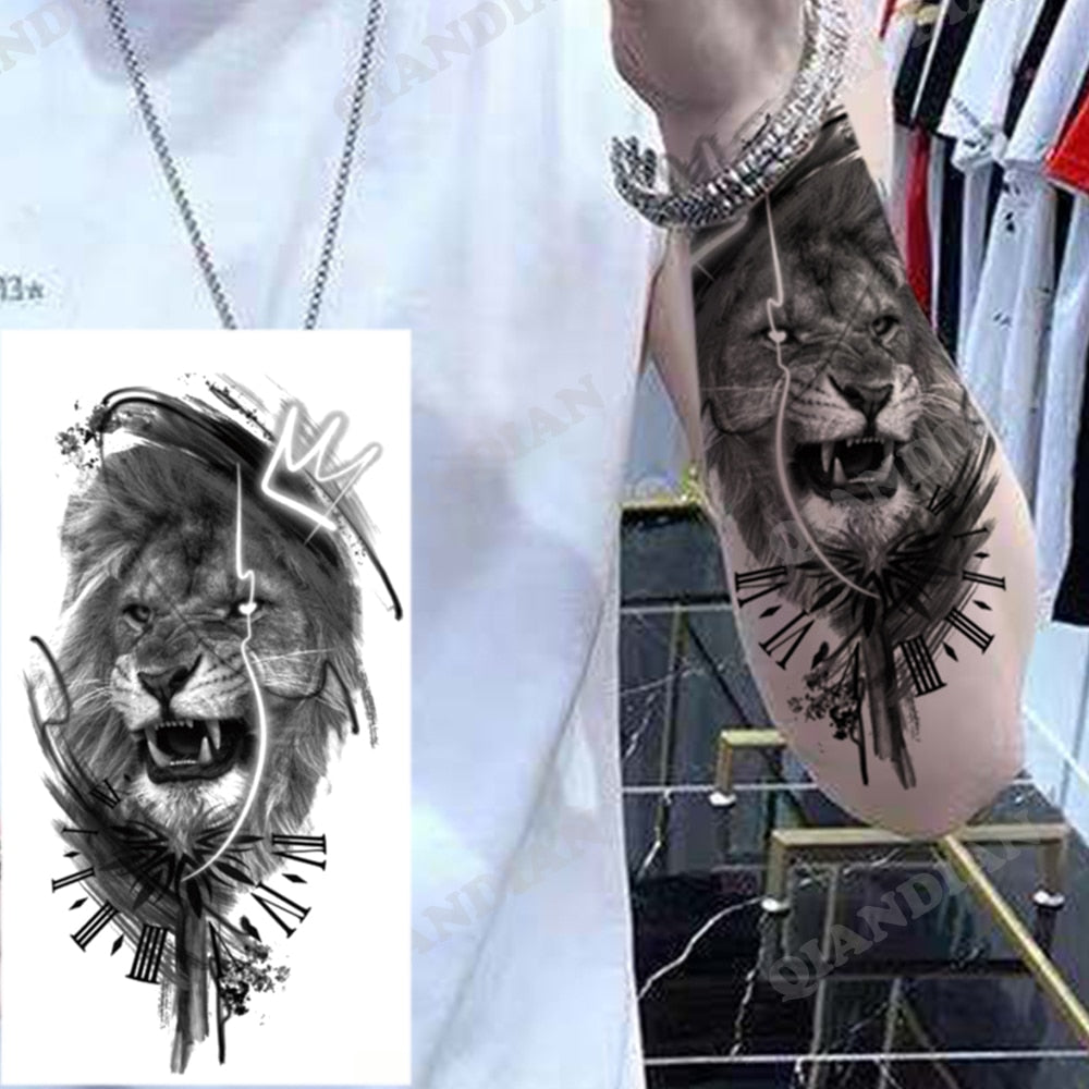 1pc Lion Men Waterproof Temporary Tattoos Fake Stickers Arm Hand Cool Art Black Transfer Clock