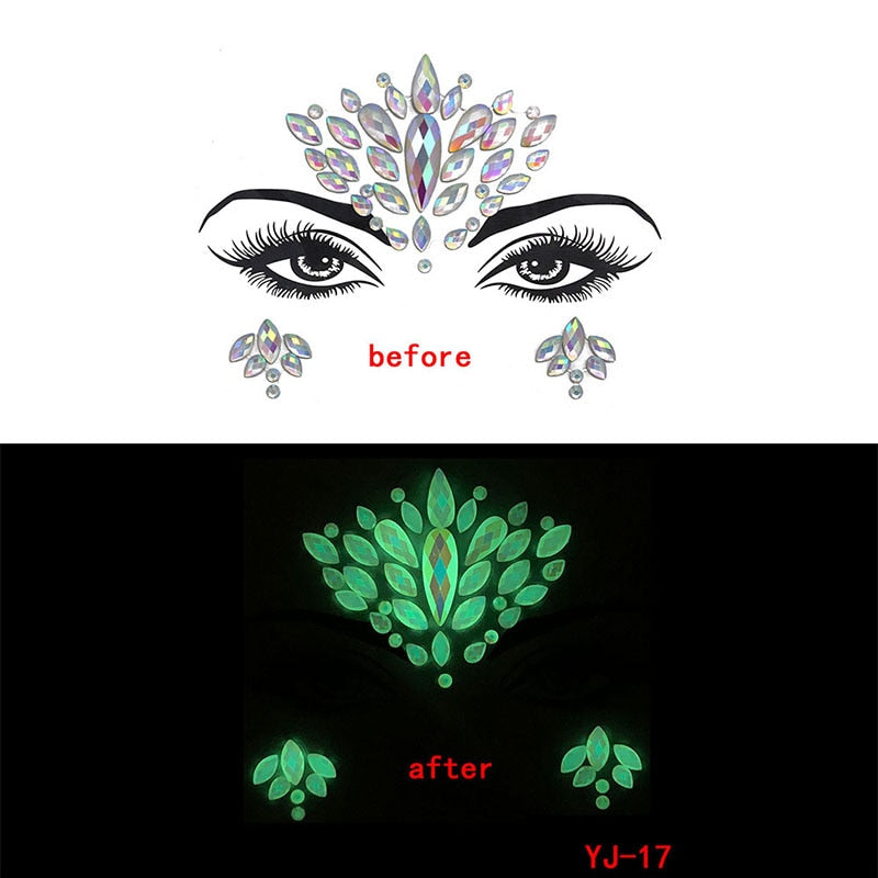 Halloween Face Decoration Tattoo Crystal Diamond Eyebrow Luminous Rhinestone Sticker Masquerade Bar Party Glowing Face Sticker