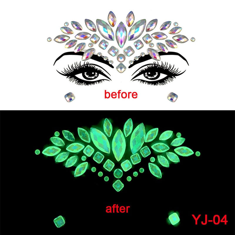 Halloween Face Decoration Tattoo Crystal Diamond Eyebrow Luminous Rhinestone Sticker Masquerade Bar Party Glowing Face Sticker