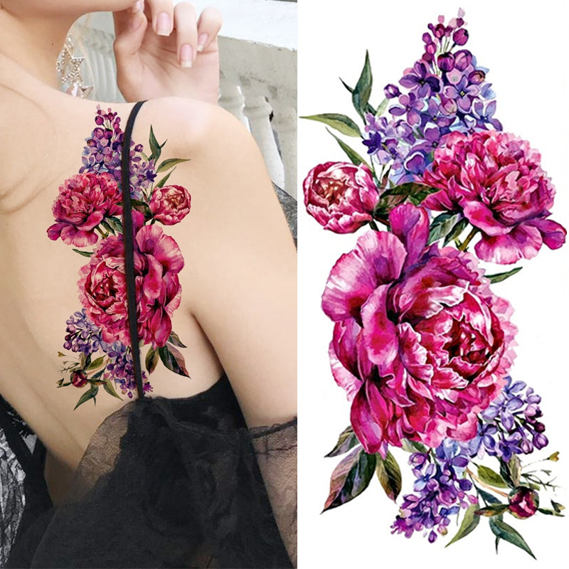 3D Watercolor Rose Peony Flower Temporary Tattoos For Women Adult Hummingbird Realistic Fake Tattoo Sexy Half Sleeve Tatoo Decal